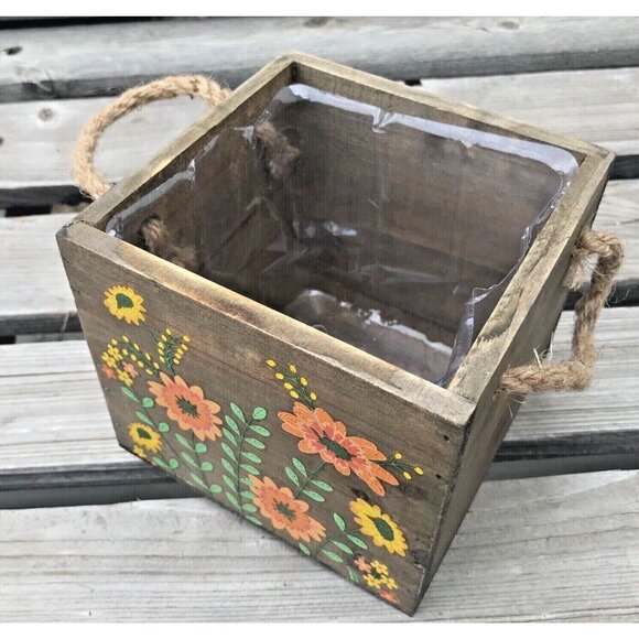 Vintage Hand Painted Wooden Planter Box Bright Flowers Rope Handles Lined 5" - Picture 2 of 8